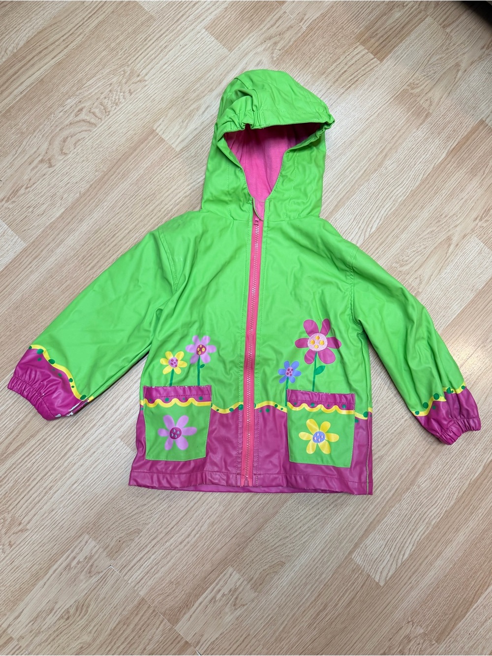 Stephen Joseph Girls 4T Green Pink Floral Hooded Full Zip Rain Jacket Coat